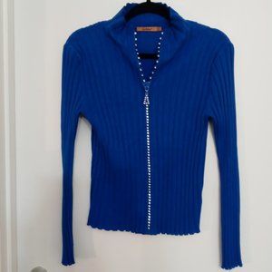 Women's Belldini Sweater/Top Blue Faux Rhinestone Accented Zipper L
